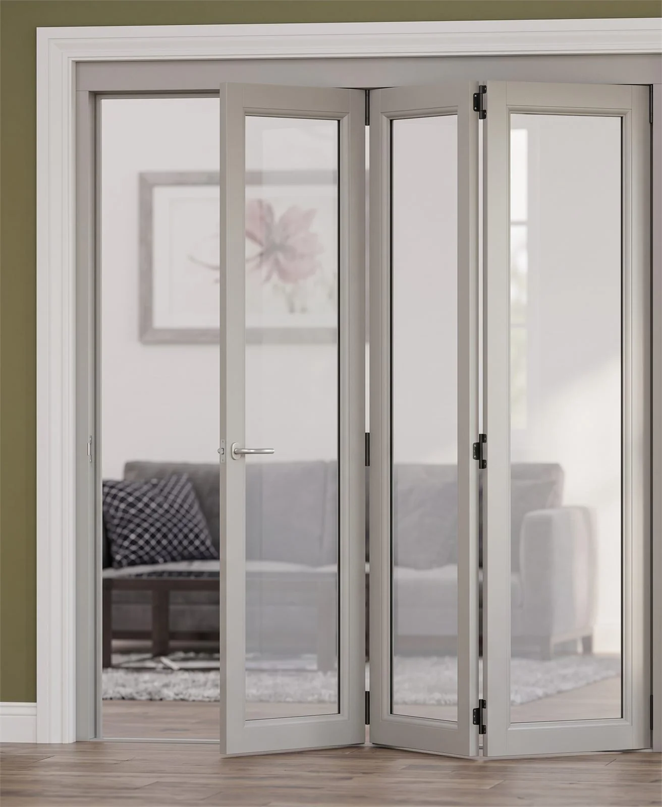 Interior view of wide impact bifold glass doors in a Florida home