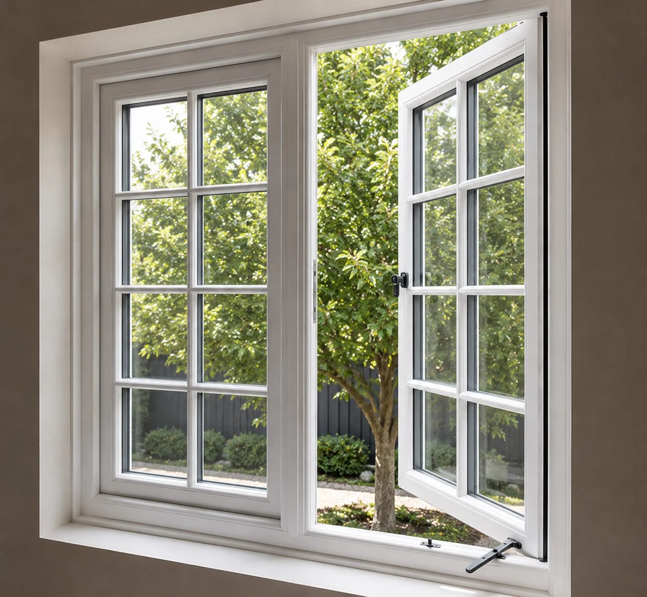 Casement impact window swinging open on its side hinge