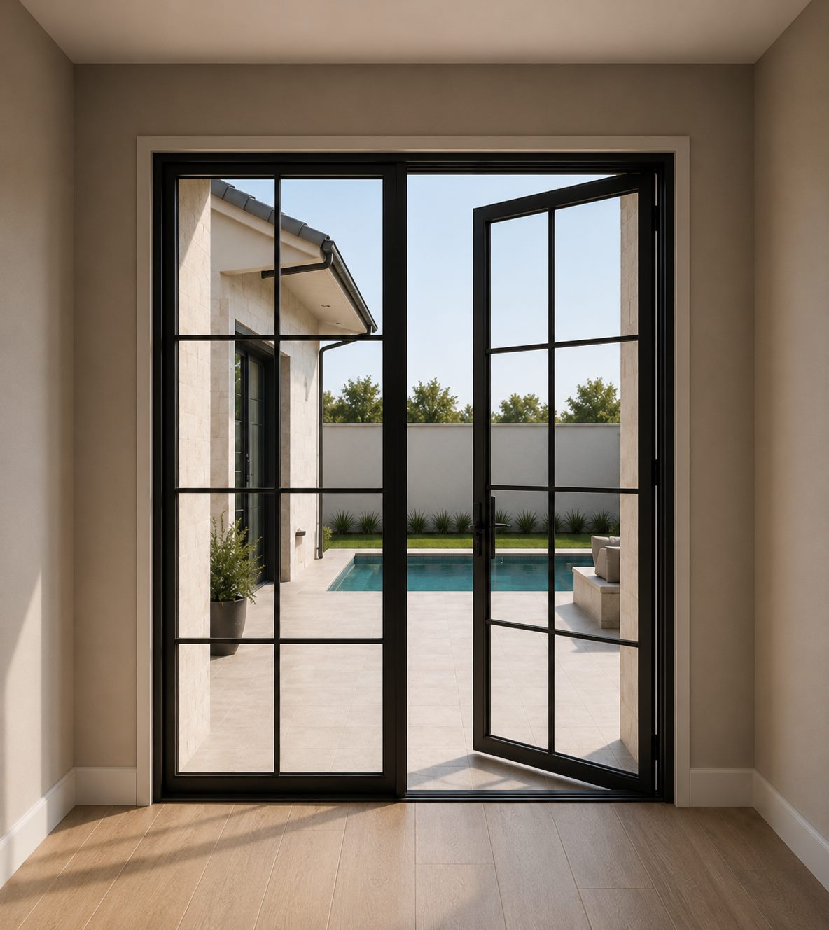 Impact French doors opening onto a Florida pool patio