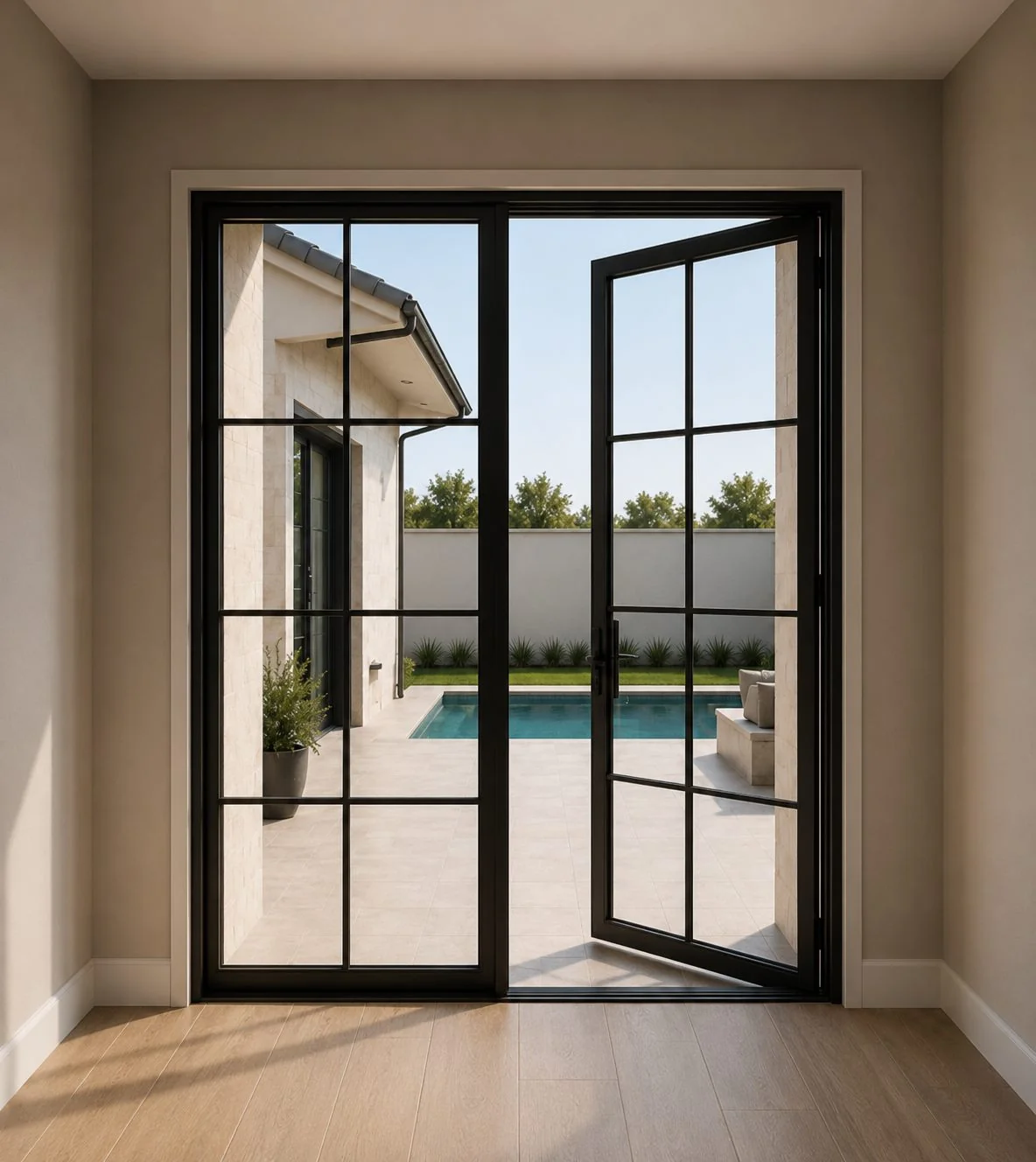 Impact French doors opening onto a Florida pool patio