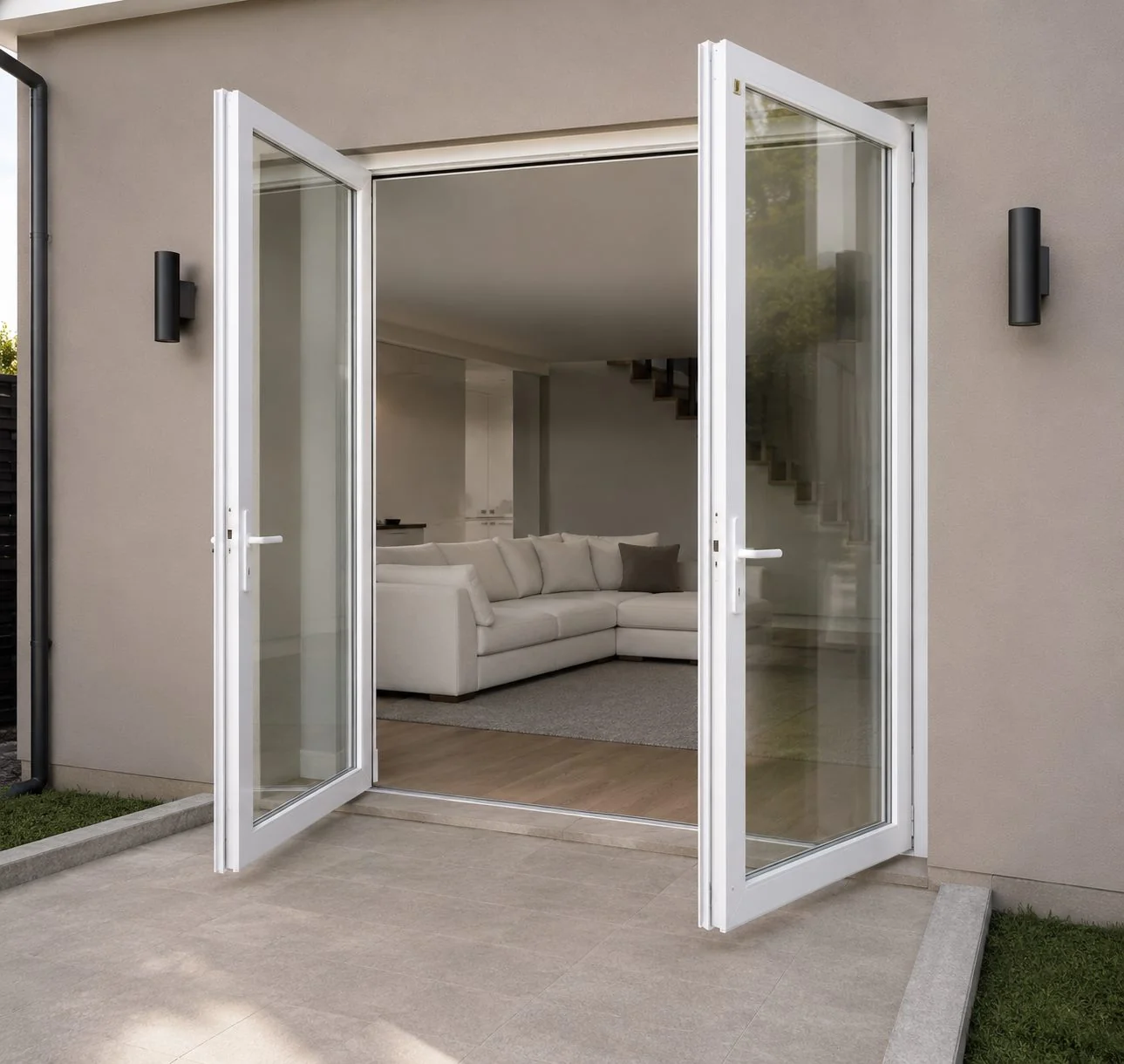 Elegant white impact French doors opening to a patio