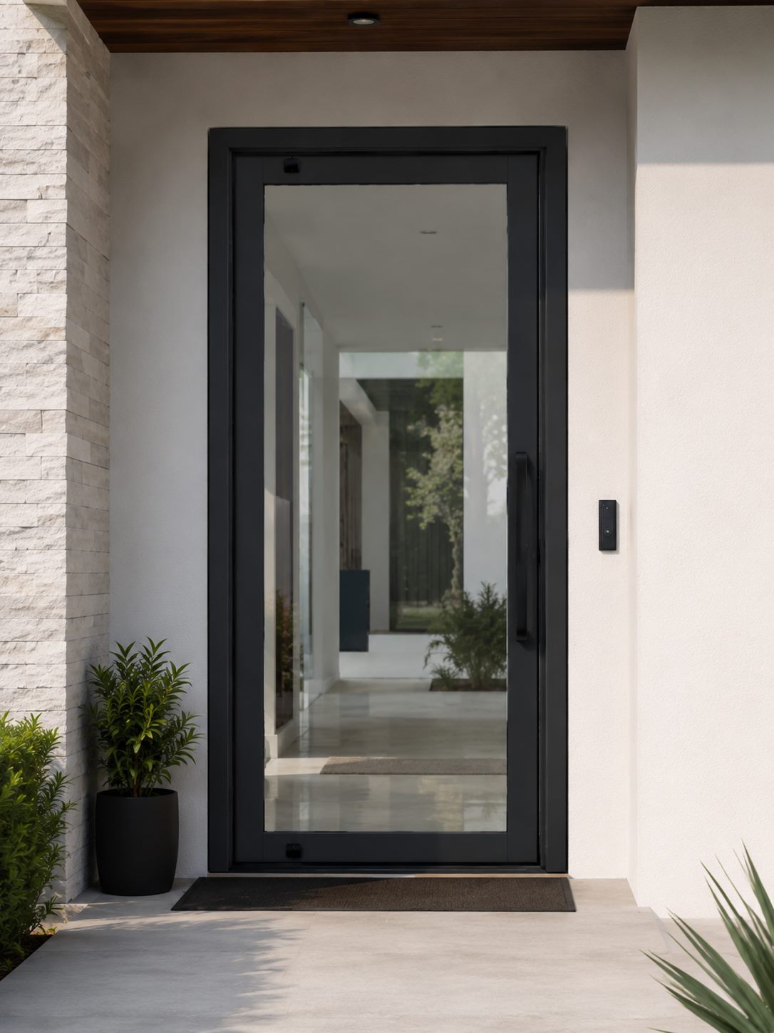 Impact front entry door with black frame and full-length handle
