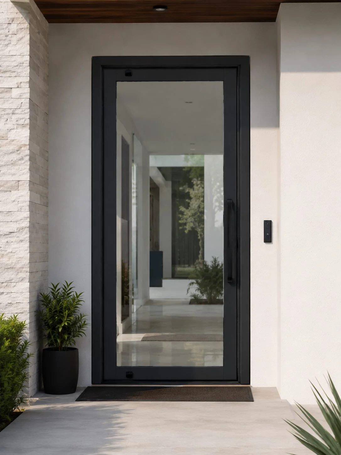 Impact front entry door with black frame and full-length handle