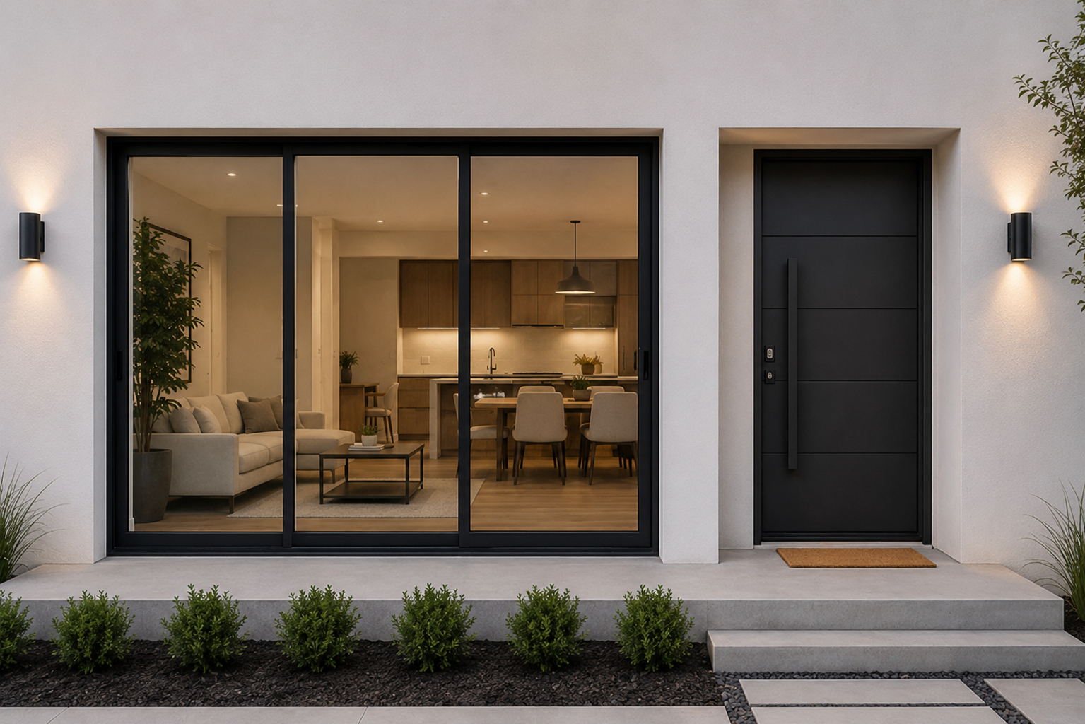 Impact sliding glass door and impact entry door on a modern Florida home